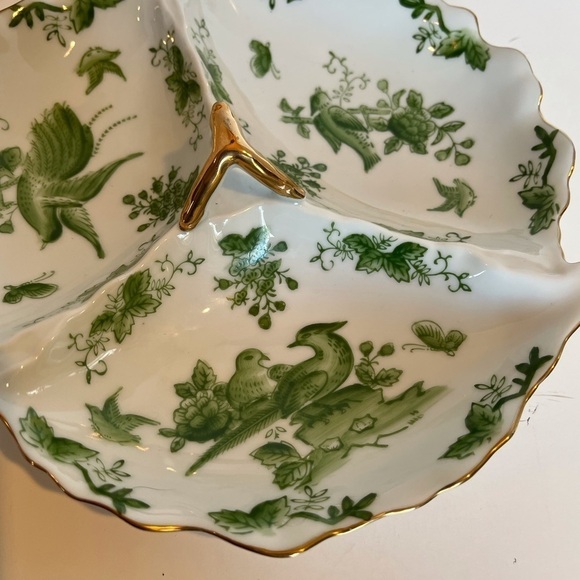 Divided White China Dish with Green Bird and Floral Designs - Picture 7 of 9